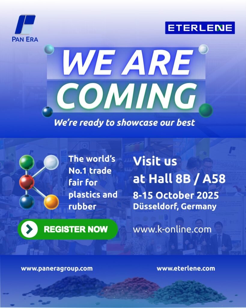 Promotional banner of Pan Era Group and ETERLENE for K Show 2025 in Düsseldorf, Germany, featuring dates, booth location, and a call to visit Hall 8B / A58.